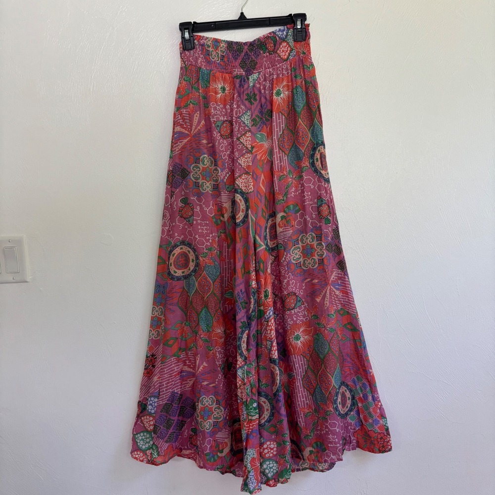 GiGio USA Boho Multi Color Patchwork Print Palazzo Pants Size S Sheer Festival